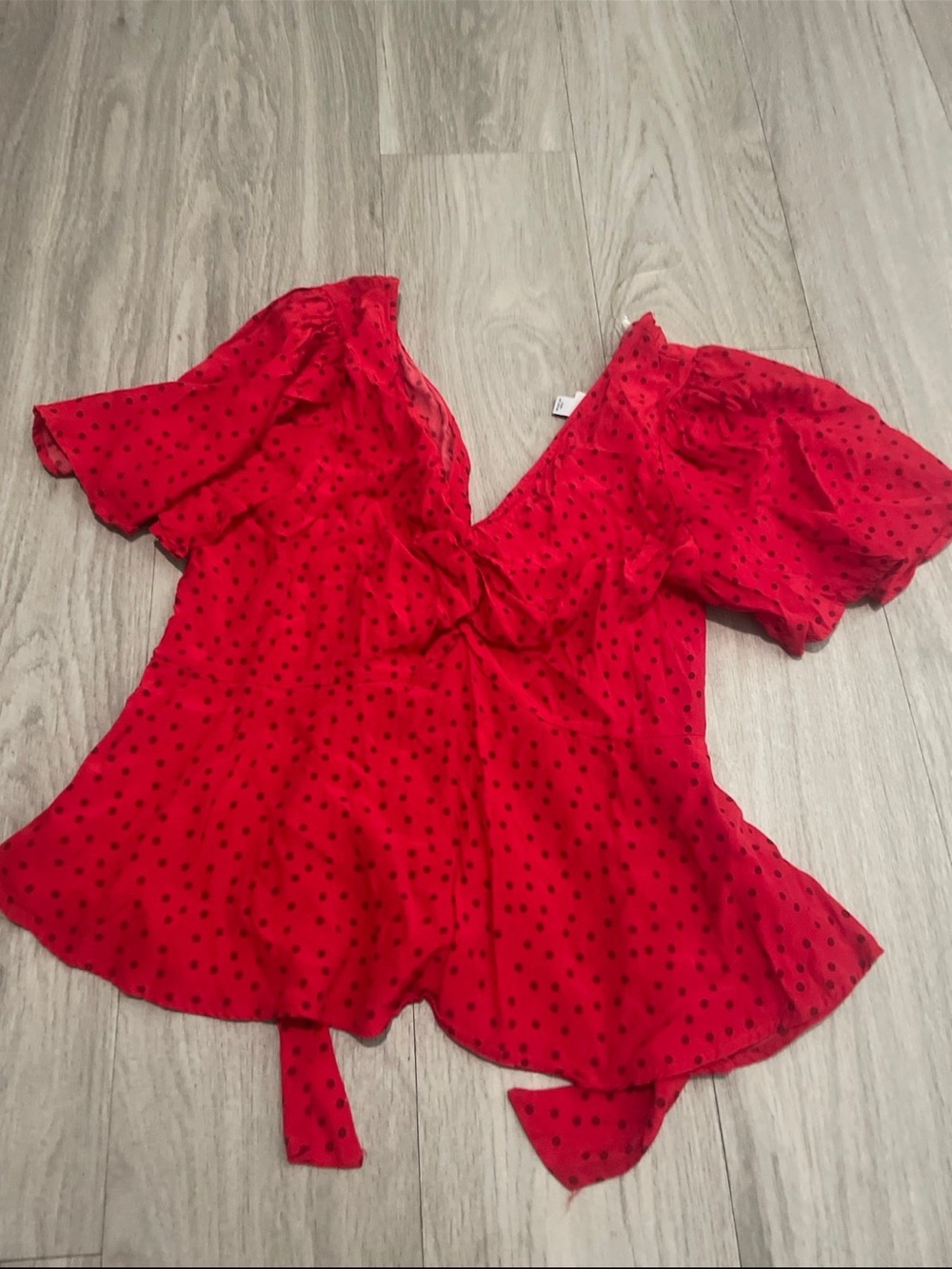 a new day Red Polka Dot V-Neck Ruffle Sleeve Blouse
